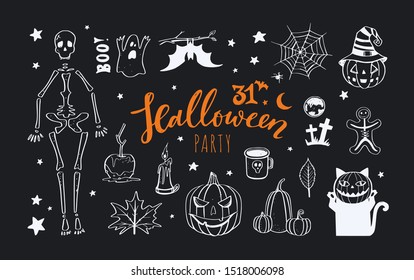 Vector doodle Halloween night collection. Spooky and scary night, pumpkin, skeleton, cat characters