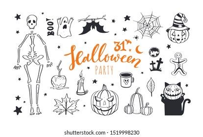 Vector doodle Halloween night collection. Spooky and scary night, pumpkin, skeleton, cat 