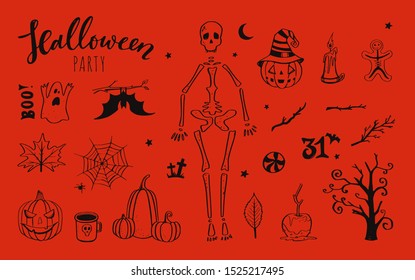 Vector doodle Halloween night collection. Spooky and scary night, pumpkin, skeleton, cat 