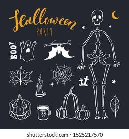 Vector doodle Halloween night collection. Spooky and scary night, pumpkin, skeleton, cat 