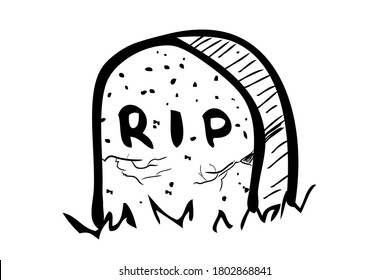 Vector Doodle Hand Draw Sketch, Christian Stone Grave and grass, Isolated on White
