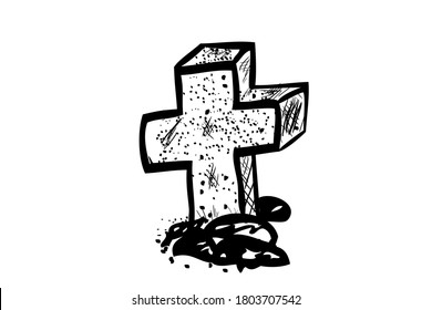 Vector Doodle Hand Draw Sketch, Christian Stone Grave and grass, Isolated on White
