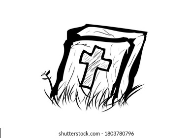 Vector Doodle Hand Draw Sketch, Christian Stone Grave and grass, Isolated on White

