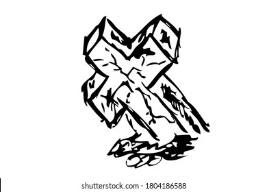 Vector Doodle Hand Draw Sketch, Christian Stone Grave and grass, Isolated on White
