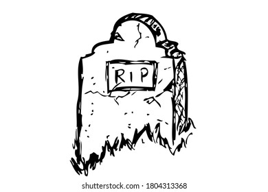 Vector Doodle Hand Draw Sketch, Christian Stone Grave and grass, Isolated on White
