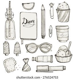 Vector doodle hand drawing collection set with girl elements like diary notebook, lemonade, cupcakes, glasses and so on