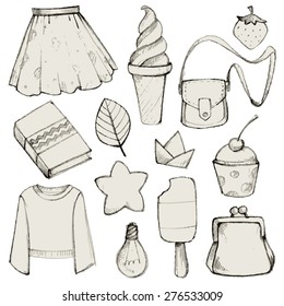 Vector doodle hand drawing collection set with girl elements like book, ice-cream, clothes, purse, star and so on for your creative design