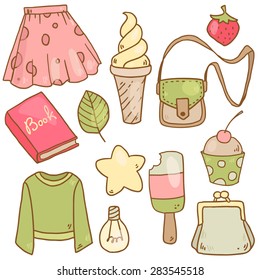 Vector doodle hand drawing collection set with girl elements like book, ice-cream, clothes, purse, star and so on for your creative design