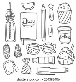 Vector doodle hand drawing collection set with girl elements like diary notebook, lemonade, cupcakes, glasses and so on