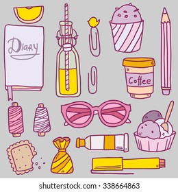 Vector doodle hand drawing collection set with girl elements like diary notebook, lemonade, cupcakes, glasses and so on