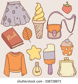 Vector doodle hand drawing collection set with girl elements like book, ice-cream, clothes, purse, star and so on for your creative design
