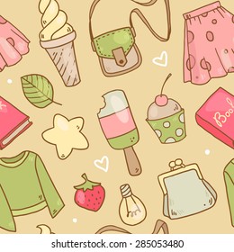 Vector doodle hand drawing seamless pattern with girl elements like book, ice-cream, clothes, purse, star and so on for your creative design