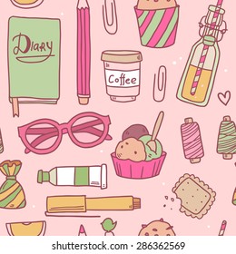 Vector doodle hand drawing  seamless pattern with girl elements like diary notebook, lemonade, cupcakes, glasses and so on