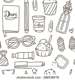 Vector doodle hand drawing seamless pattern with girl elements like diary notebook, lemonade, cupcakes, glasses and so on