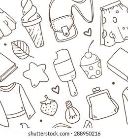 Vector doodle hand drawing seamless pattern with girl elements like book, ice-cream, clothes, purse, star and so on for your creative design