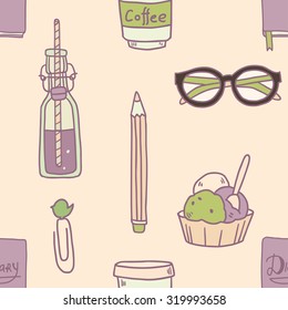 Vector doodle hand drawing seamless pattern with girl elements like diary notebook, lemonade, cupcakes, glasses and so on