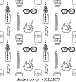 Vector doodle hand drawing seamless pattern with girl elements like diary notebook, lemonade, cupcakes, glasses and so on