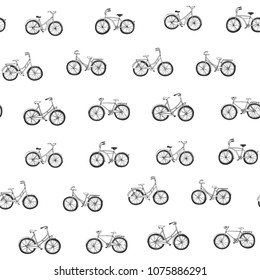 Vector doodle hand drawn bike illustrations seamless line graphic pattern.