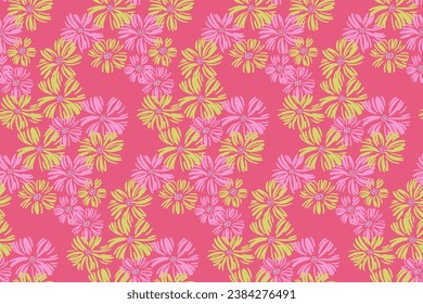 Vector doodle hand drawn bright flowers seamless pattern. Colorful floral brush shape print. Summer or spring background. Template for design, textile, fashion, surface design, fabric, interior decor