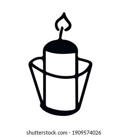 Vector doodle hand drawn candle in glass jar with flame. Cozy atmosphere, home interior, spiritual. Isolated icon on white background for typography and digital use.