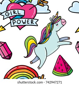 Vector doodle hand drawn color comic cartoon style pattern design with hipster trendy unicorns, rainbow, watermelon, diamond gem and feminism "Girl Power" heart. 