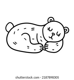 Vector doodle hand drawn cute sleeping bear. Funny forest animal in cartoon style. Isolated on a white background graphic outline element.