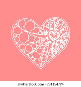 Vector doodle hand drawn heart. White heart on pink background. Card for Saint Valentines Day. Symbol of love. Heart in zentangle style.