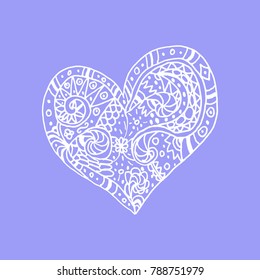 Vector doodle hand drawn heart. White heart on violet background. Card for Saint Valentines Day. Symbol of love. Heart in zentangle style.