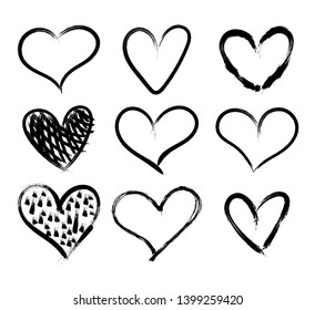 Vector Doodle Hand Drawn Hearts Set, Black Marker Drawings Isolated on White Background, Rough Sketches, Design Elements Collection.