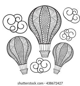 Vector doodle hand drawn hot air balloon illustration for coloring book. Zentangle style decorated.