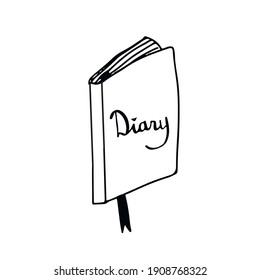 Vector doodle hand drawn icon of diary notebook with bookmark. Notepad for writing memories,secrets. Black and white isolated pictogram of diary, bullet journal