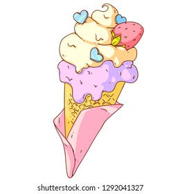 Vector doodle hand drawn illustration of an ice cream with whipped cream, strawberry and hearts. Cute colorful drawing for banners, posters, menu, leaflets, ads.