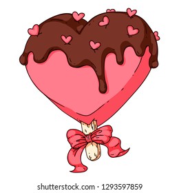 Vector doodle hand drawn illustration of an ice cream in a heart shape, with little heart sprinkles and cute ribbon. Cute colorful drawing for banners, posters, menu, leaflets, ads.