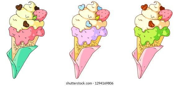 Vector doodle hand drawn illustration of an ice cream with whipped cream, strawberry and chocolate hearts. Cute colorful drawing for banners, posters, menu, leaflets, ads.