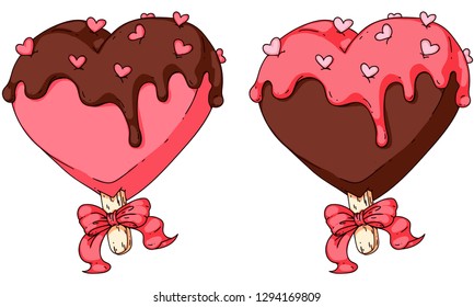 Vector doodle hand drawn illustration of an ice cream in a heart shape, with little heart sprinkles and cute ribbon. Cute colorful drawing for banners, posters, menu, leaflets, ads.