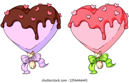 Vector doodle hand drawn illustration of an ice cream in a heart shape, with little heart sprinkles and cute ribbon. Cute colorful drawing for banners, posters, menu, leaflets, ads.