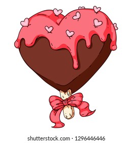 Vector doodle hand drawn illustration of an ice cream in a heart shape, with little heart sprinkles and cute ribbon. Cute colorful drawing for banners, posters, menu, leaflets, ads.