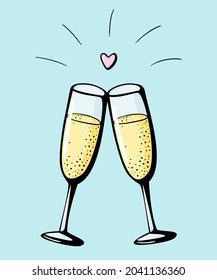 Vector doodle hand drawn illustration of two champagne glasses couple love drink cheers symbol wineglasses sparkling wine on blue background. Valentines day greeting card, anniversary celebration