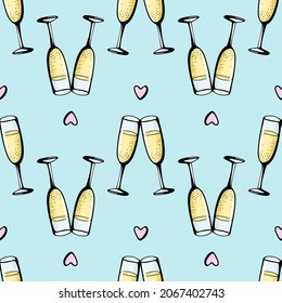 Vector doodle hand drawn illustration of two champagne glasses couple love drink cheers symbol wineglasses sparkling wine on blue background. Valentines day greeting card, anniversary celebration