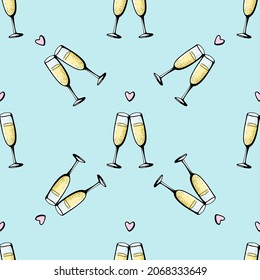 Vektor-Doodle handgezeichnet Illustration von zwei Champagner-Gläser Paar Liebe Getränke Cheers Symbol Weinbrillen funkelnden Wein auf blauem Hintergrund. Valentinstag Grußkarte, Jubiläumsfeier