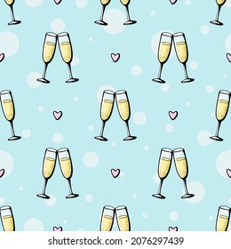 Vektor-Doodle handgezeichnet Illustration von zwei Champagner-Gläser Paar Liebe Getränke Cheers Symbol Weinbrillen funkelnden Wein auf blauem Hintergrund. Valentinstag Grußkarte, Jubiläumsfeier