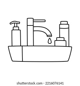 Vector doodle hand drawn illustration of a sink with bottles for skin care
