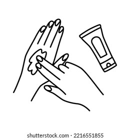 Dibujo manual del doodle vectorial de las manos aplicando el tratamiento de la piel, aplicando la crema de mano