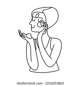 Vector doodle hand drawn illustration of a woman applying skin care treatment, skincare routine