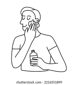 Vector doodle hand drawn  illustration of a man applying skin care treatment, skincare routine