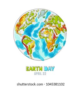 Vector doodle hand drawn isolated illustration of Earth planet. Happy Earth day card. Environmental, ecology, nature protection concept.
