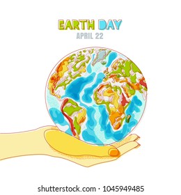 Vector doodle hand drawn isolated illustration of human hand holding green Earth planet. Save Earth day concept. Environmental, ecology, nature protection themes.