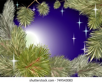 Vector doodle with hand drawn at night New year celebratory pine and tree branches with bright moon and stars on a blue gradient background