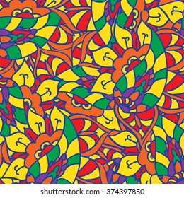 Vector doodle hand drawn pattern. Texture with abstract flowers. Bright ethnic backdrop. Summer template. For wallpaper,web page background. Colorful floral elements. 