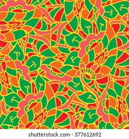 Vector doodle hand drawn pattern. Texture with abstract flowers. Bright ethnic backdrop. Summer template. For wallpaper, web page background. Colorful floral elements. 